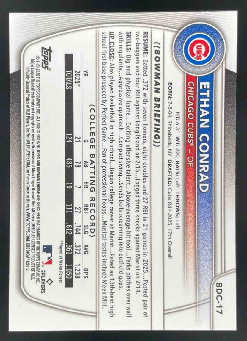 2025 Bowman Draft Sapphire Chrome #BDC-17 Ethan Conrad - Image 2