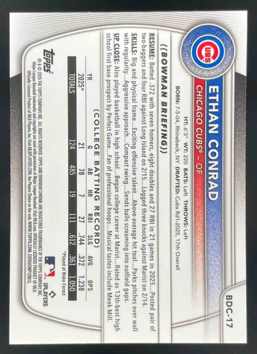 2025 Bowman Draft Sapphire Chrome #BDC-17 Ethan Conrad - Image 2