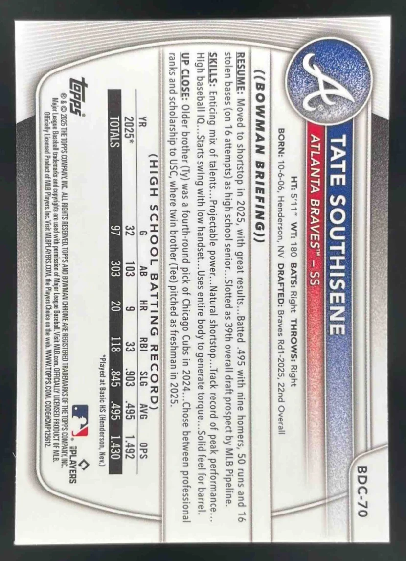 2025 Bowman Draft Sapphire Chrome #BDC-70 Tate Southisene RC - Image 2