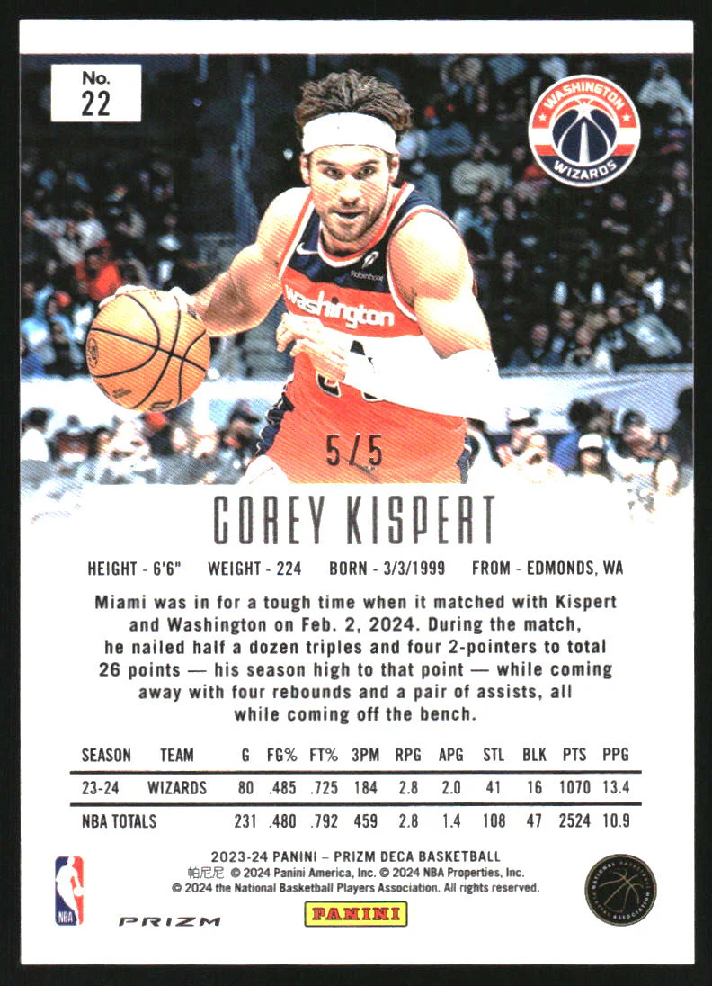 2023-24 Panini Prizm Deca Prizms Black Gold #22 Corey Kispert /5 - Image 2