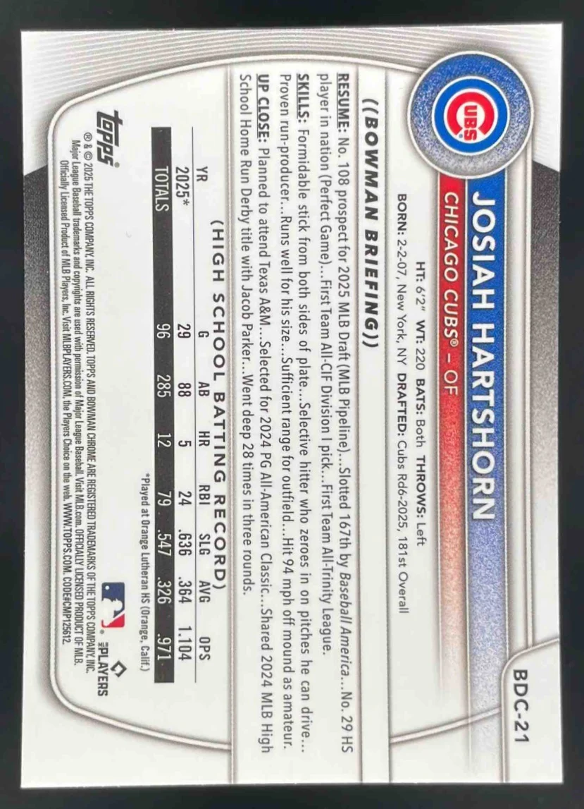 2025 Bowman Draft Sapphire Chrome #BDC-21 Josiah Hartshorn RC - Image 2