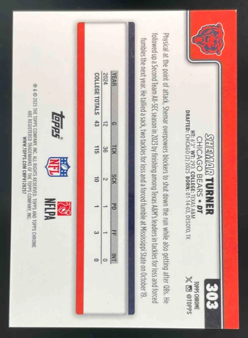 2025 Topps Chrome Rookie Orange Geometric Refractor #303 Shemar Turner RC /25 - Image 2