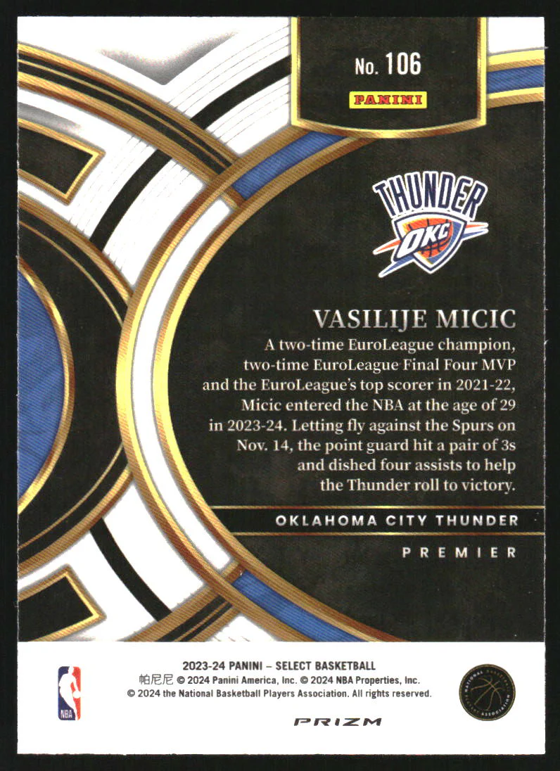2023-24 Select Prizms Elephant #106 Vasilije Micic RC Rookie - Image 2