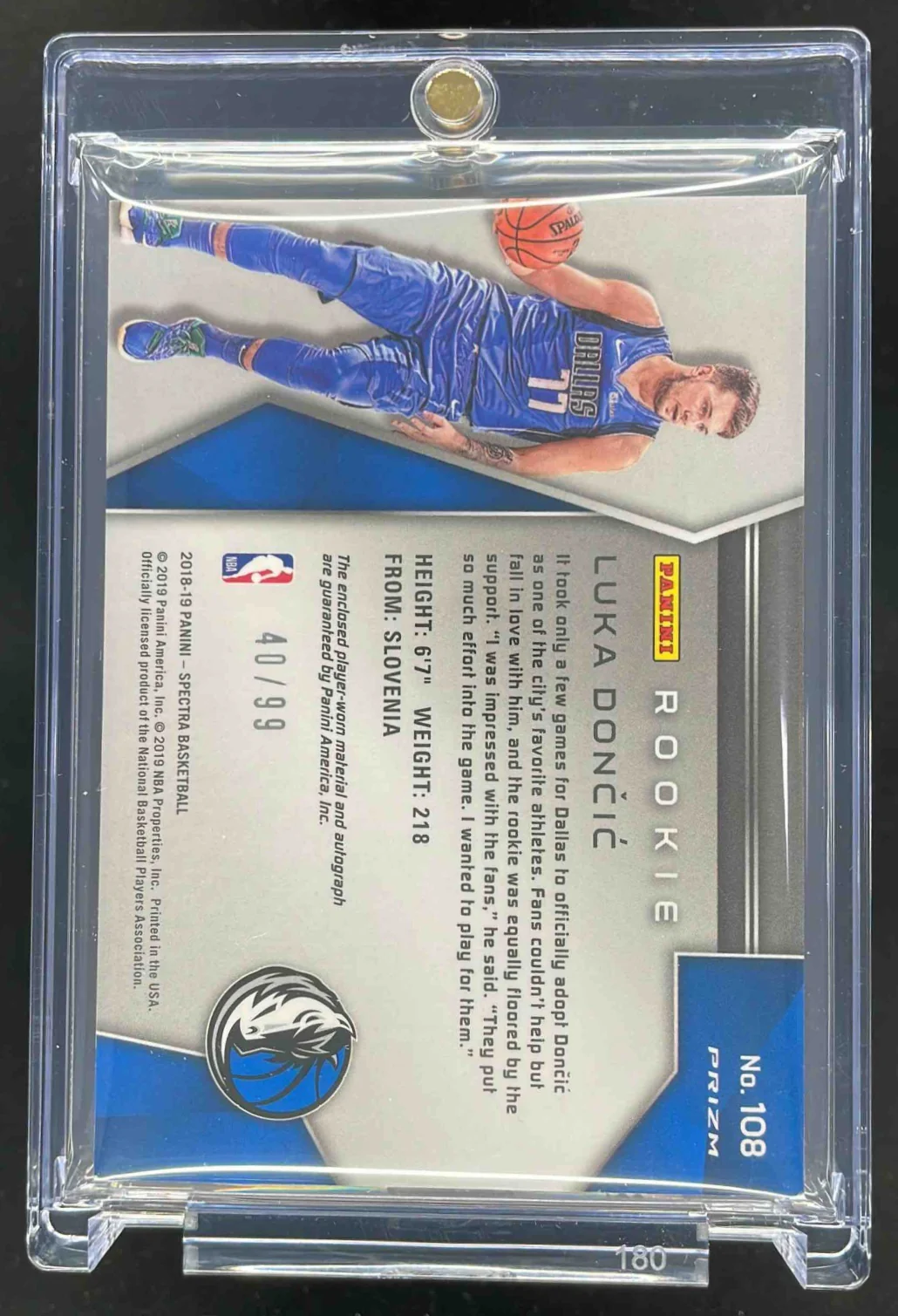 2018-19 Panini Spectra Neon Blue #108 Luka Doncic RC Auto /99 - Image 2