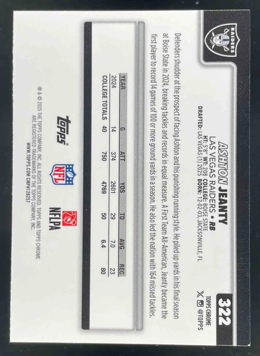 2025 Topps Chrome Rookie Neon Pulse Refractor #322 Ashton Jeanty RC - Image 2