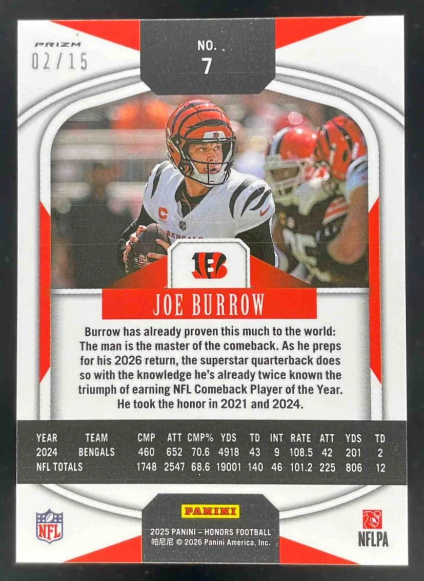 2025 Panini Honors Blue #7 Joe Burrow /15 - Image 2
