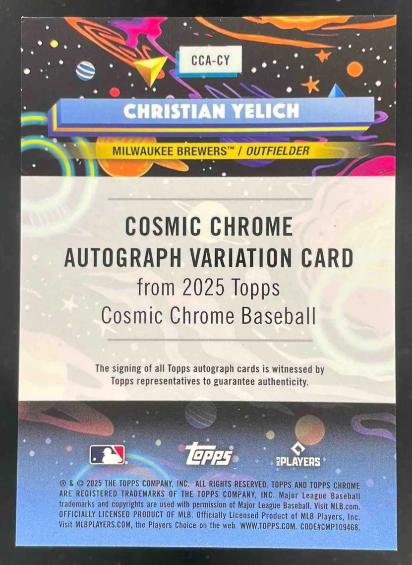 2025 Topps Cosmic Chrome Orange Galactic #CCA-CY Christian Yelich Auto /25 - Image 2