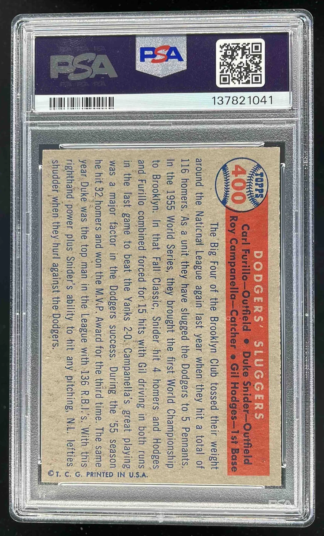 1957 Topps #400 Carl Furillo Gil Hodges Roy Campanella Duke Snider CPC PSA 6 - Image 2