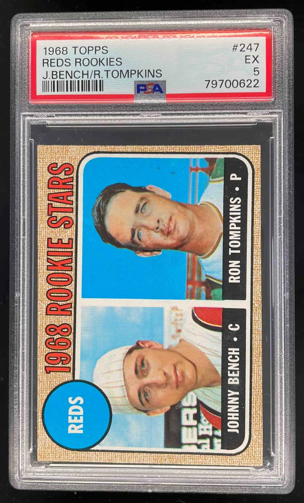 1968 Topps #247a Reds 1968 Rookie Stars Johnny Bench Ron Tompkins RC PSA 5