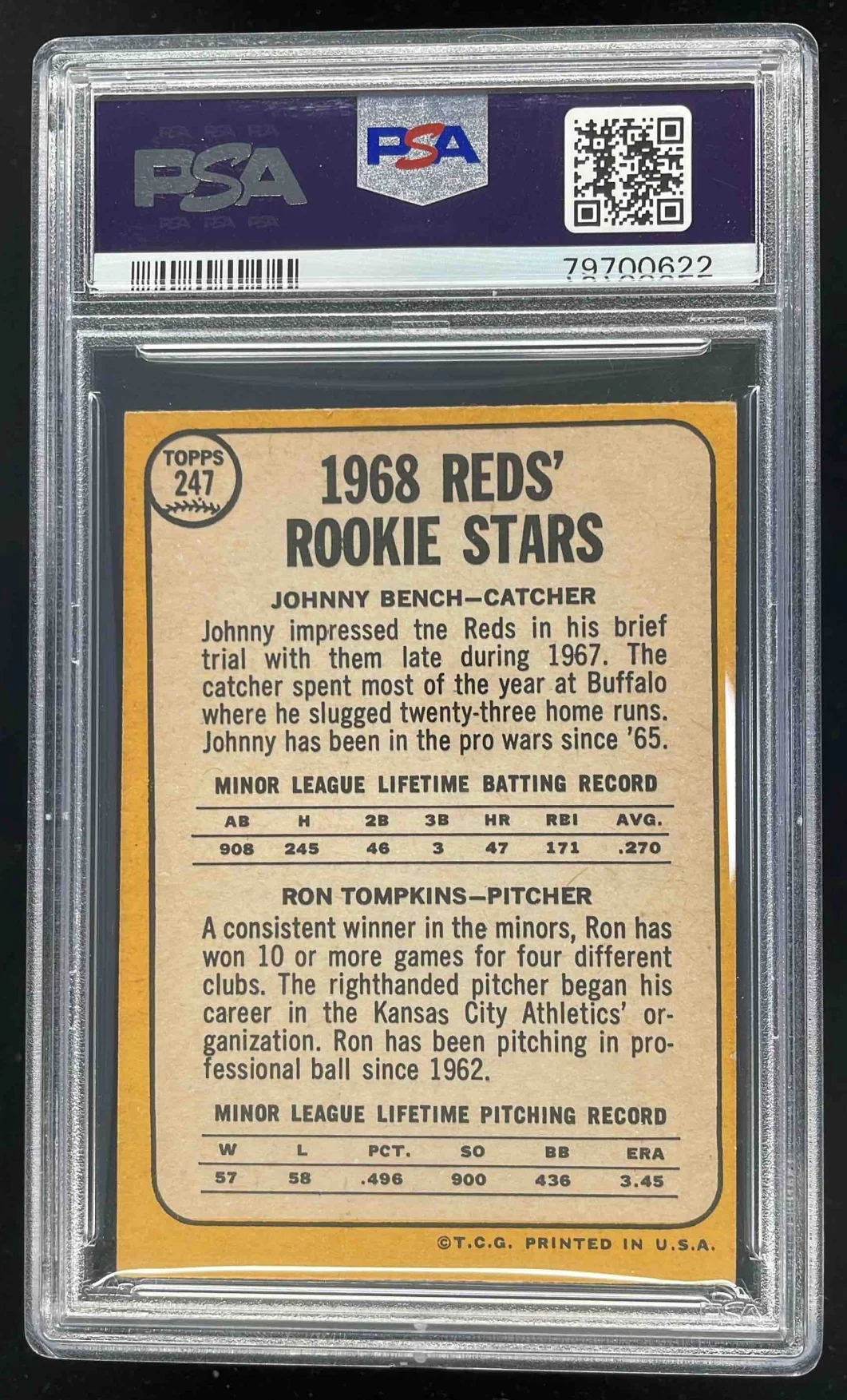 1968 Topps #247a Reds 1968 Rookie Stars Johnny Bench Ron Tompkins RC PSA 5 - Image 2