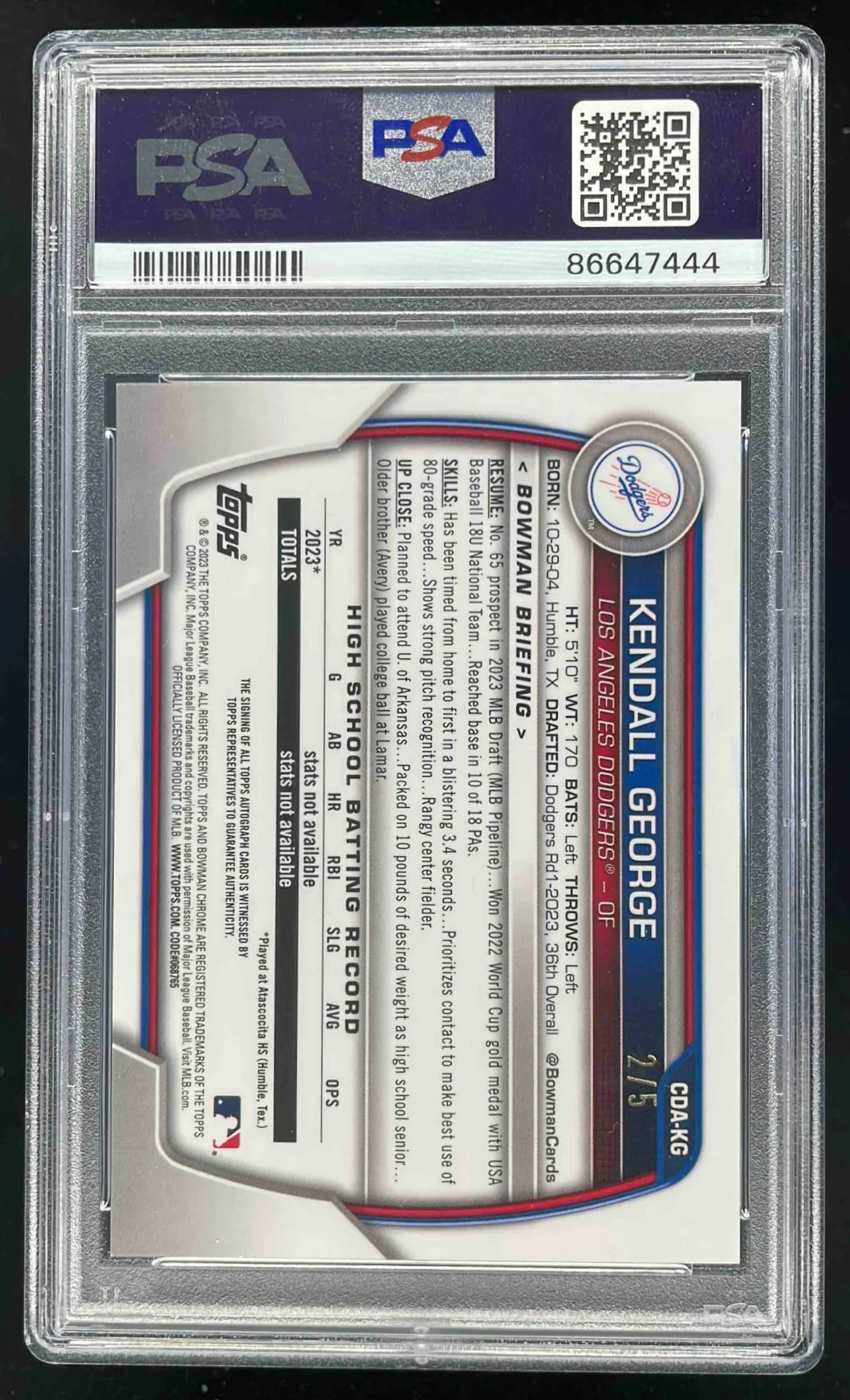 2023 Bowman Draft Chrome Prospect Red Wave Kendall George RC Auto /5 PSA 10 - Image 2