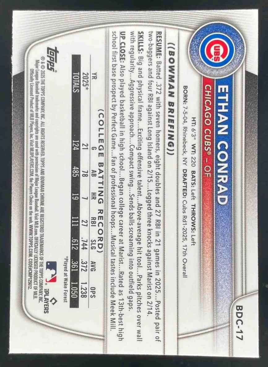 2025 Bowman Draft Chrome Yellow Reptilian Refractor #BDC-17 Ethan Conrad RC /75 - Image 2