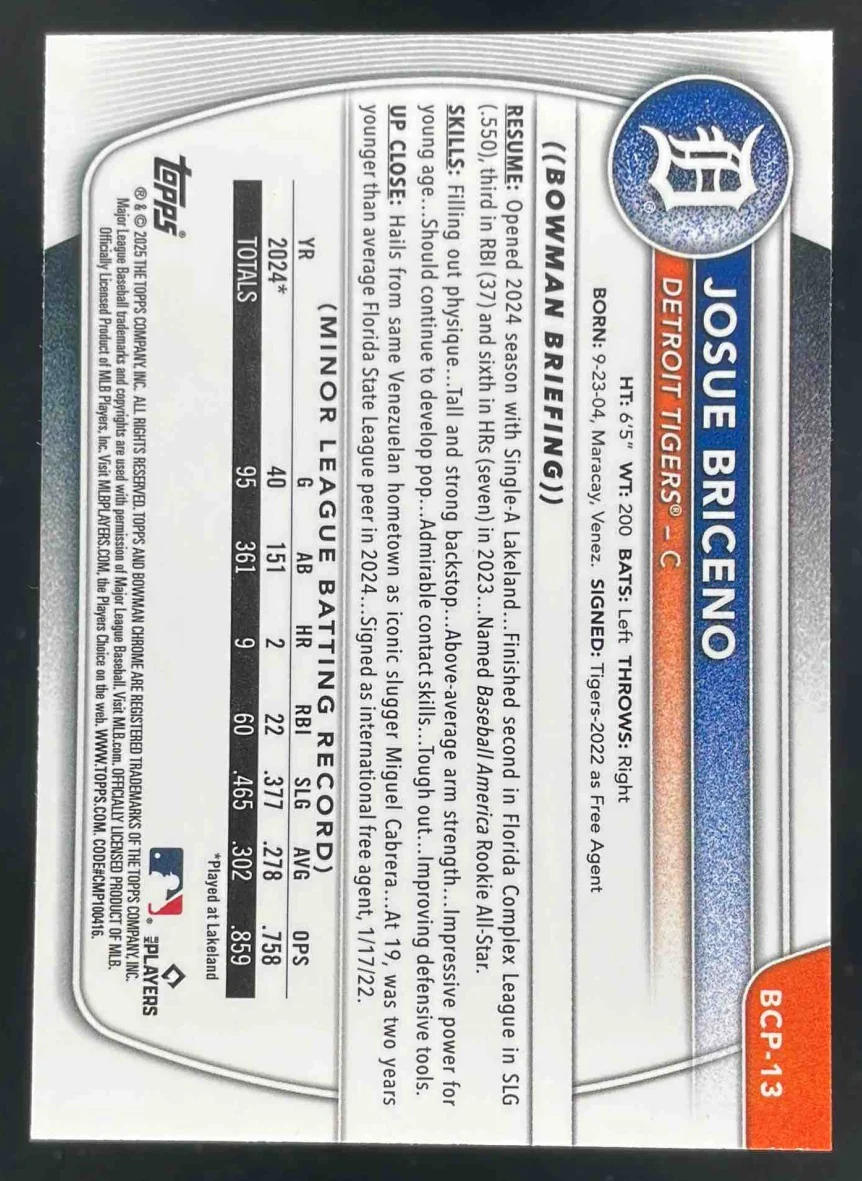 2025 Bowman Chrome Blue Geometric #BCP-13 Josue Briceno RC /150 - Image 2