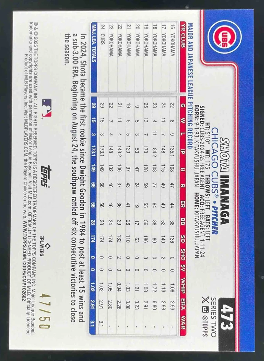 2025 Topps Gold Rainbow Foilboard #473 Shota Imanaga /50 - Image 2