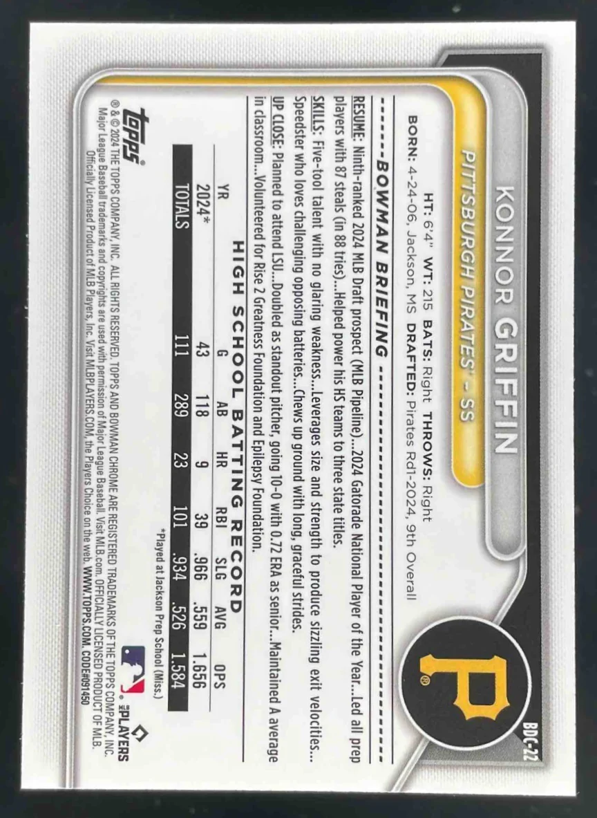 2024 Bowman Draft Chrome #BDC-22 Konnor Griffin RC - Image 2