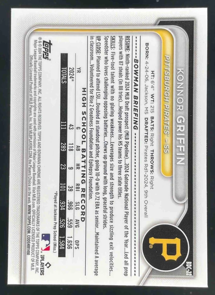 2024 Bowman Draft Chrome #BDC-22 Konnor Griffin RC - Image 2