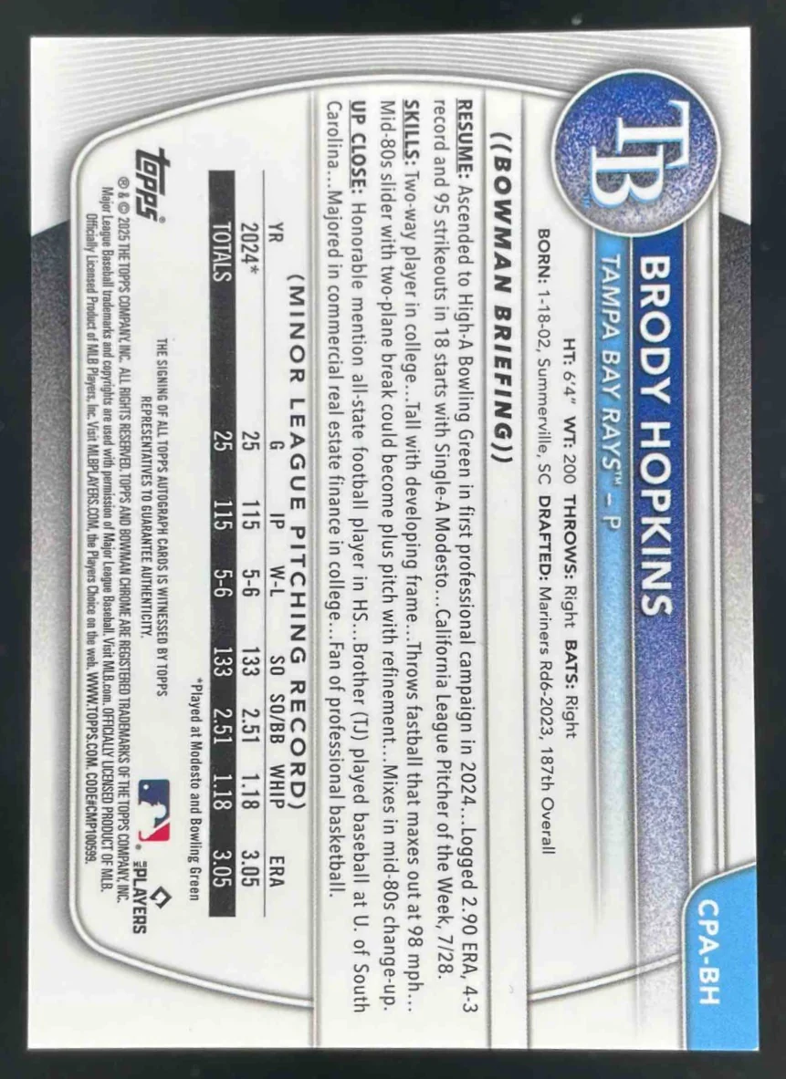 2025 Bowman Chrome Blue X-Fractor #CPA-BH Brody Hopkins RC Auto /150 - Image 2