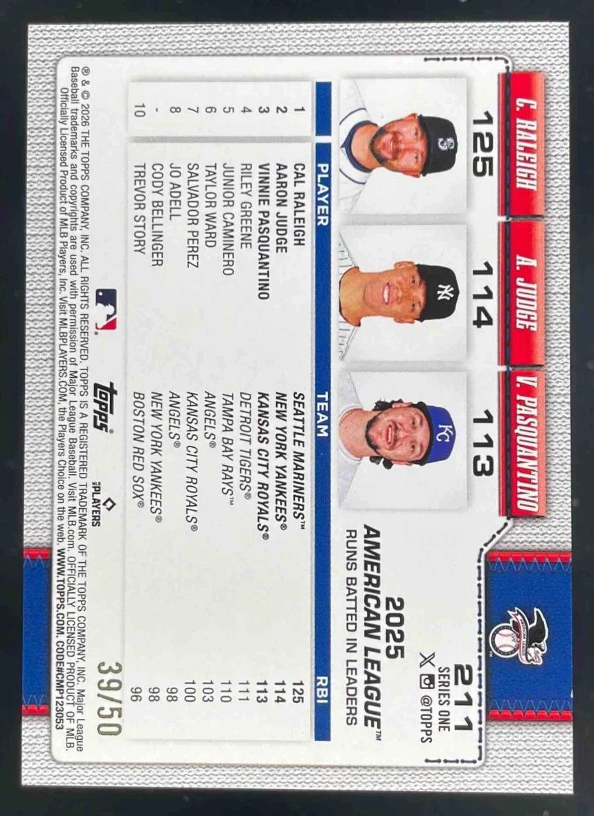 2026 Topps Gold Rainbow Foil #211 Vinnie Pasquantino Cal Raleigh Aaron Judge /50 - Image 2