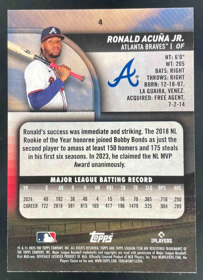 2025 Topps Stadium Club Gold Foil #4 Ronald Acuna Jr./50 - Image 2