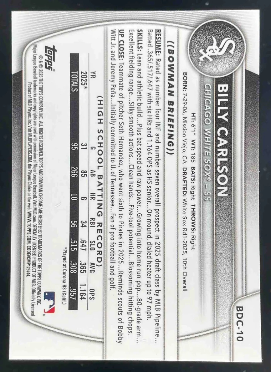 2025 Bowman Draft Chrome Image Variation #BDC-10 Billy Carlson RC SSP - Image 2