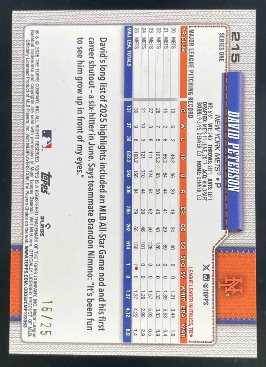2026 Topps Wood #215 David Peterson /25 - Image 2