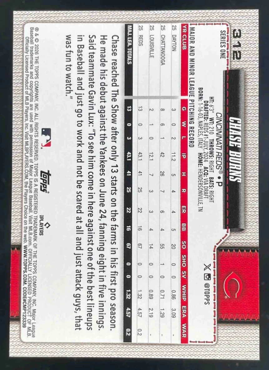 2026 Topps True Photo Variation SP #312 Chase Burns - Image 2