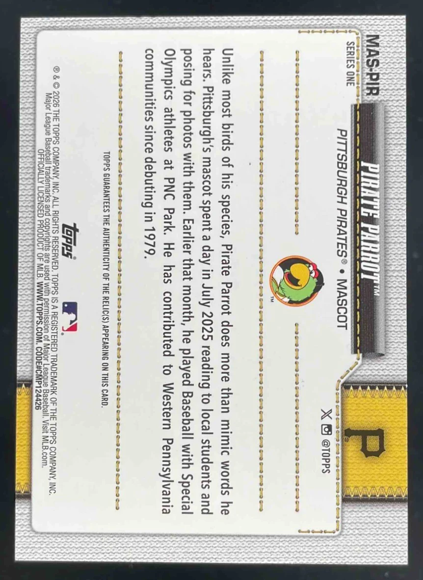 2026 Topps Mascots Relics #MAS-PIR Pirate Parrot MEM - Image 2