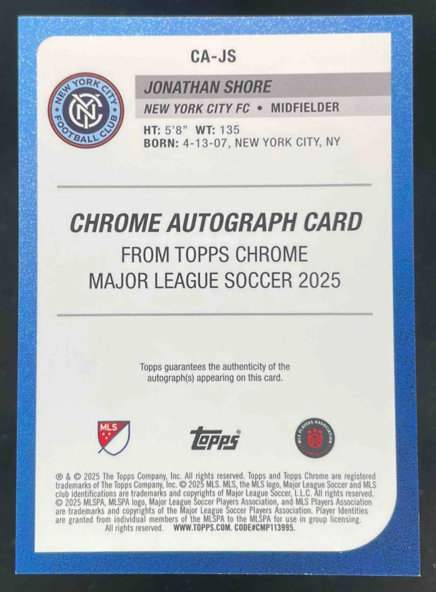 2025 Topps Chrome MLS Chrome Gold Wave #CA-JS Jonathan Shore Auto /50 - Image 2