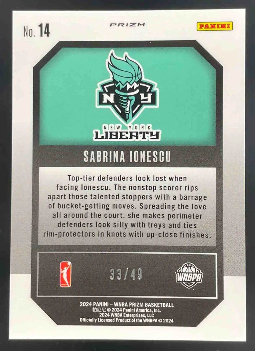2024 Panini WNBA Prizm Top Tier Blue Prizm #14 Sabrina Ionescu /49 - Image 2