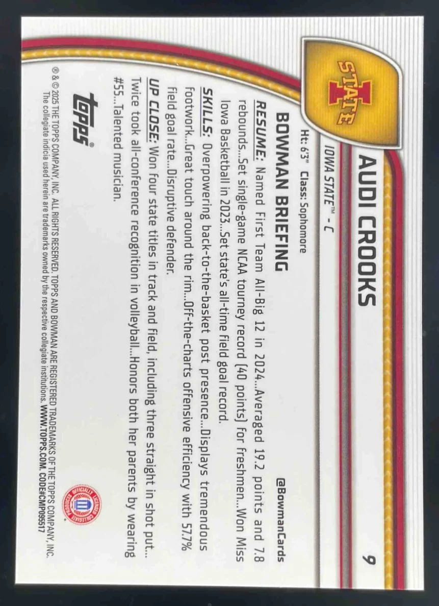 2024-25 Bowman University Chrome Sapphire Gold Refractor #9 Audi Crooks /50 - Image 2
