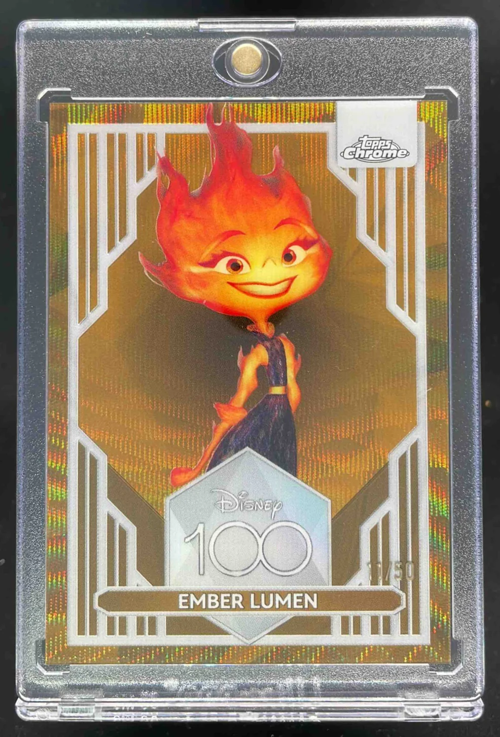 2023 Topps Chrome Disney 100 Gold Wave Refractors #97 Ember Lumen /50