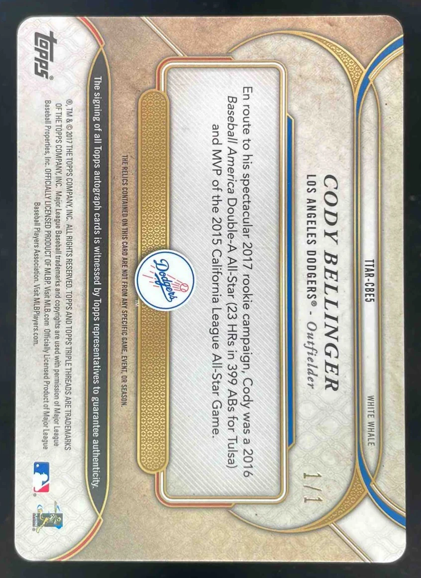 2017 Triple Threads Relics Printing Plates Magenta Cody Bellinger RC Auto 1/1 - Image 2