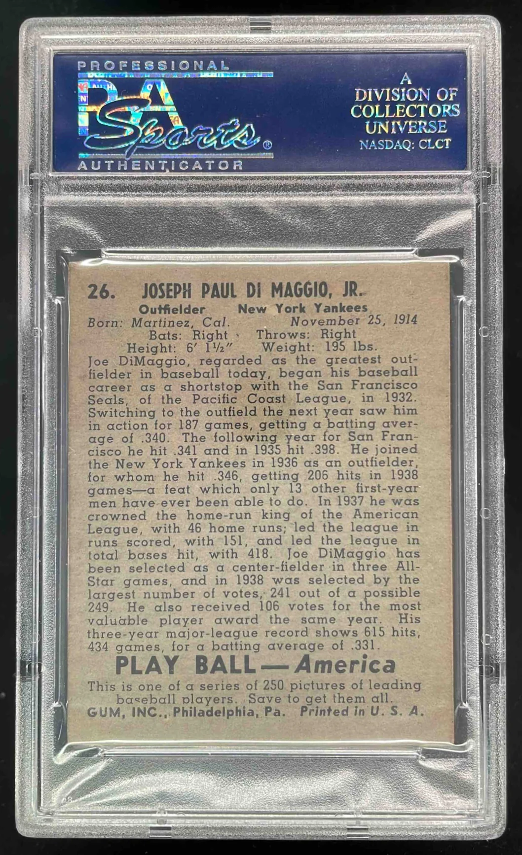 1939 Play Ball #26 Joe DiMaggio RC PSA 6 - Image 2