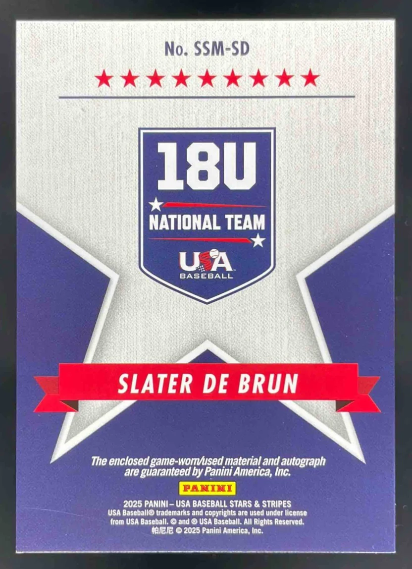 2025 USA Stars & Stripes Stars and Stripes Materials #65 Slater De Brun Auto - Image 2