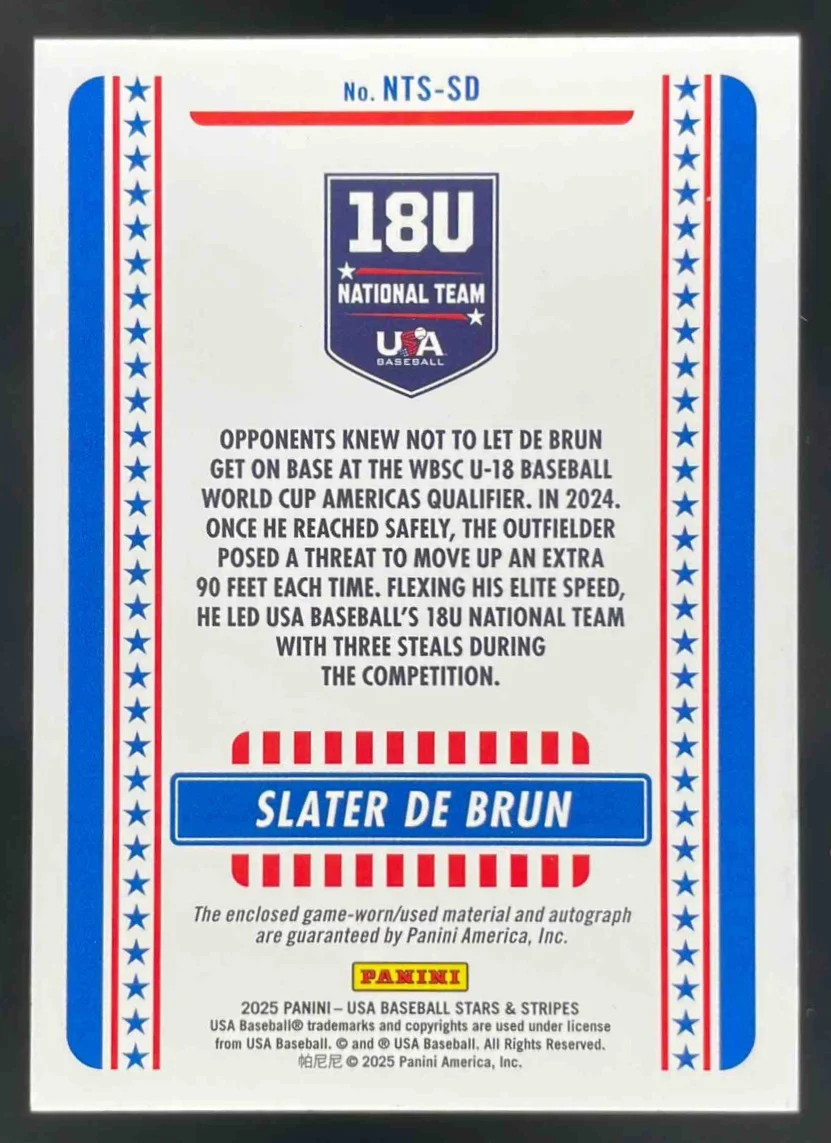 2025 USA Stars & Stripes 18U National Team Materials #1 Slater De Brun /199 - Image 2