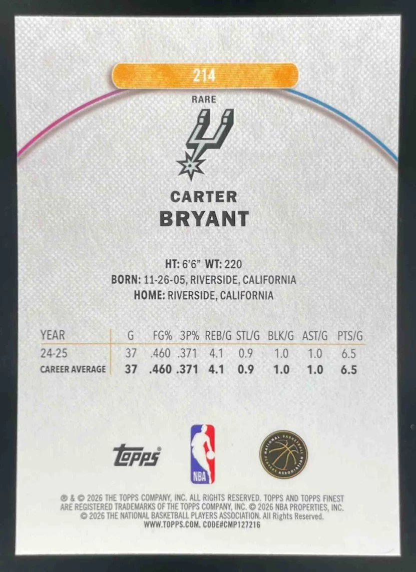 2025-26 Topps Finest Rare #214 Carter Bryant RC - Image 2