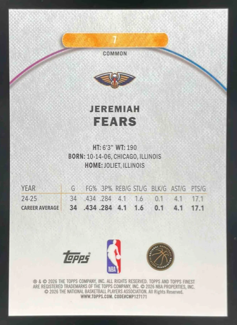 2025-26 Topps Finest Common Purple Refractor #7 Jeremiah Fears RC /250 - Image 2