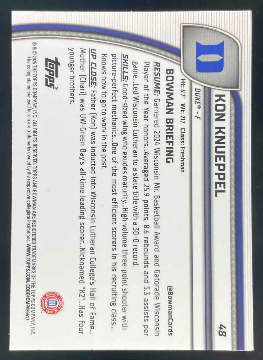 2024-25 Bowman University Chrome Purple Refractor #48 Kon Knueppel /399 - Image 2