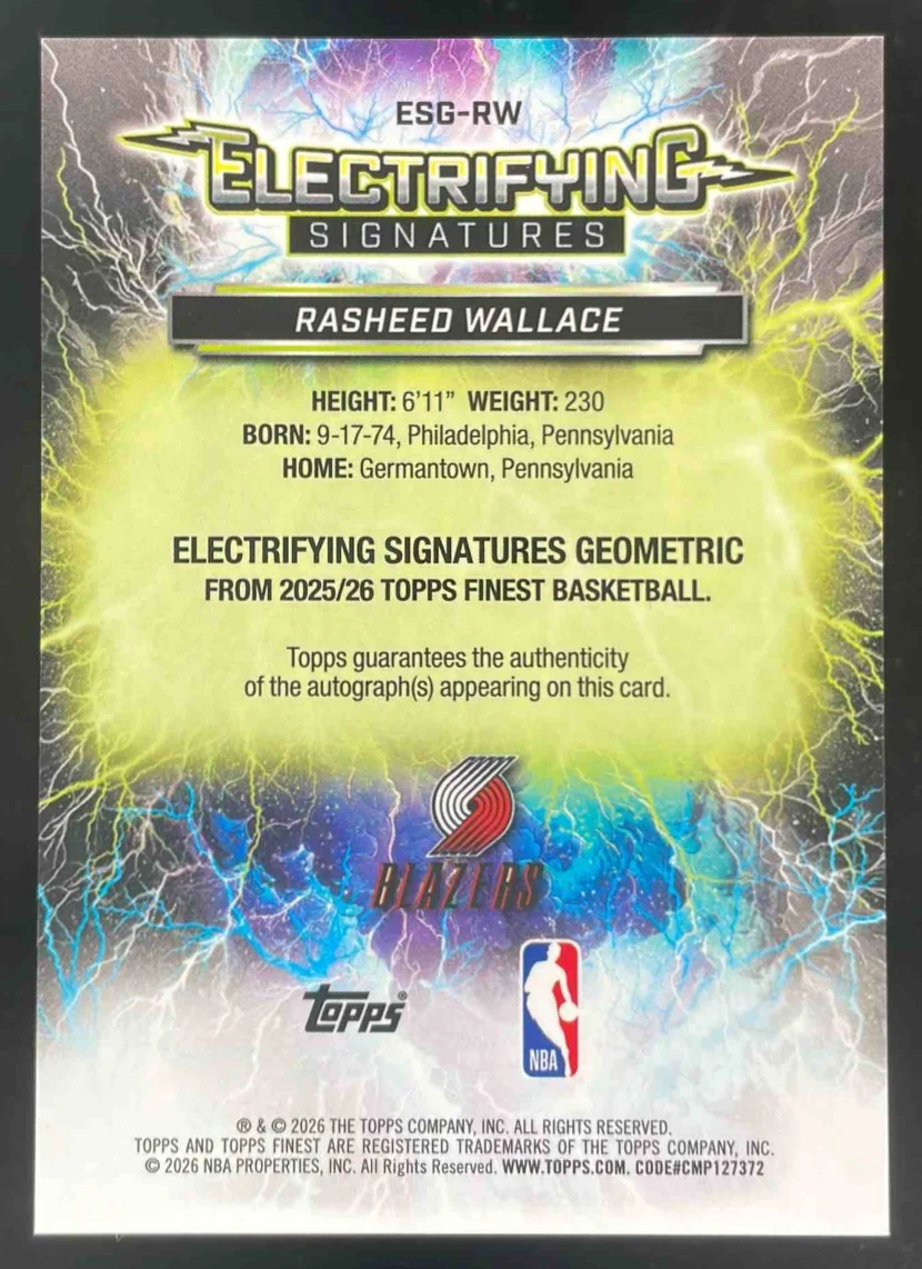 2025-26 Topps Finest Electrifying Green Geometric Rasheed Wallace Auto /75 - Image 2