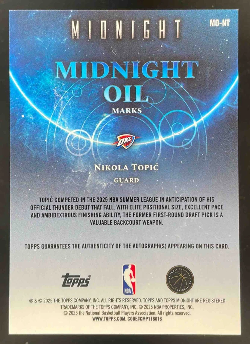 2025-26 Topps Midnight Oil Marks Summer Solstice #MO-NT Nikola Topic Auto /50 - Image 2