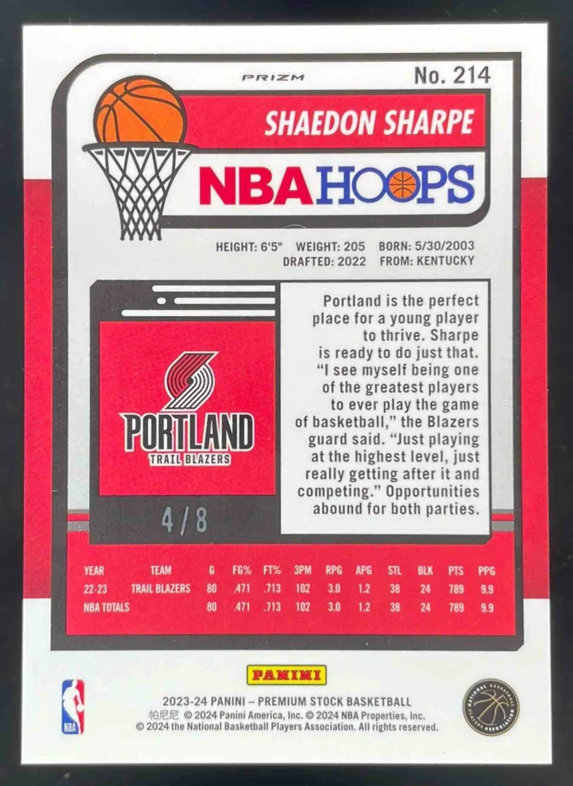 2023-24 Panini Hoops Premium Stock Premium Green Prizm #214 Shaedon Sharpe /8 - Image 2