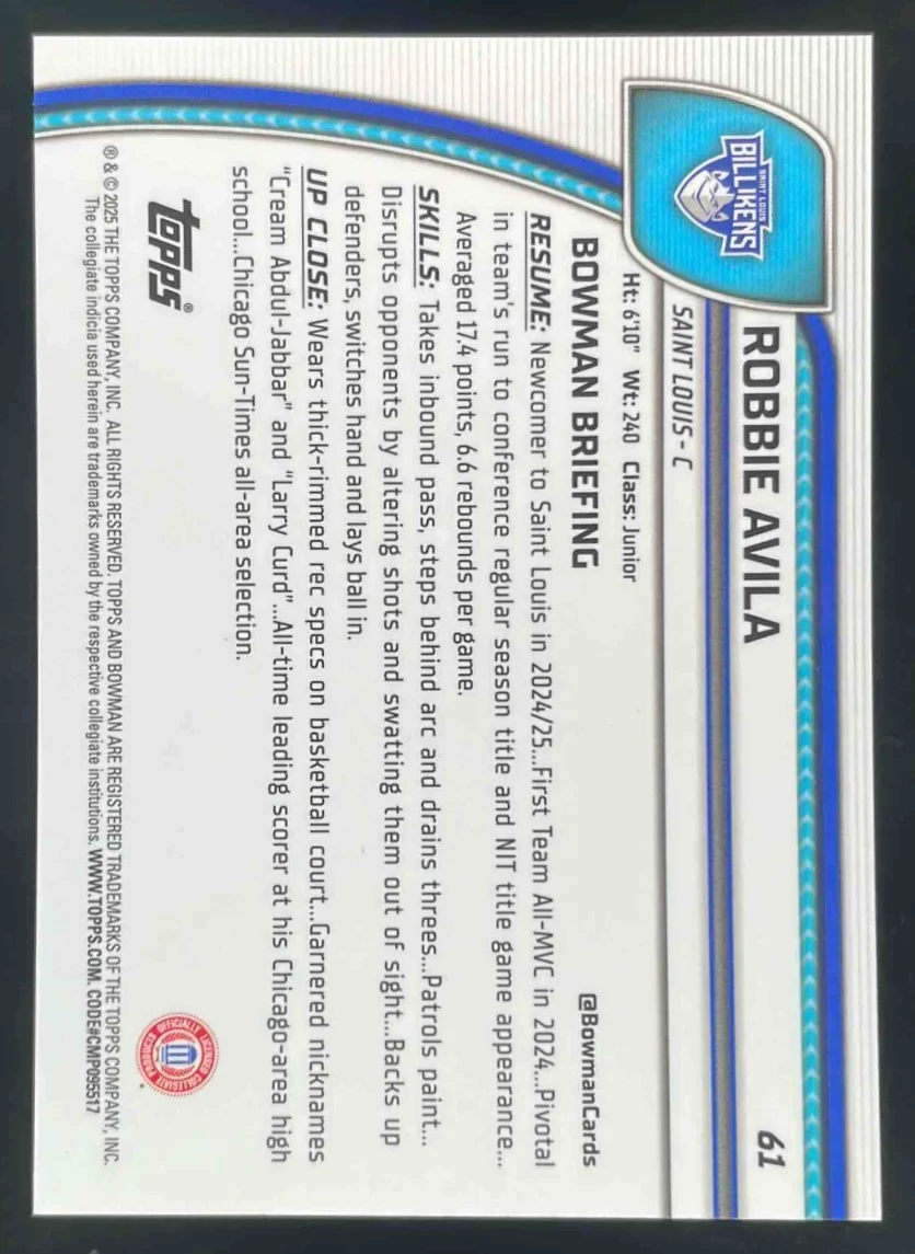 2024-25 Bowman University Chrome Gold Refractor #61 Robbie Avila /50 - Image 2