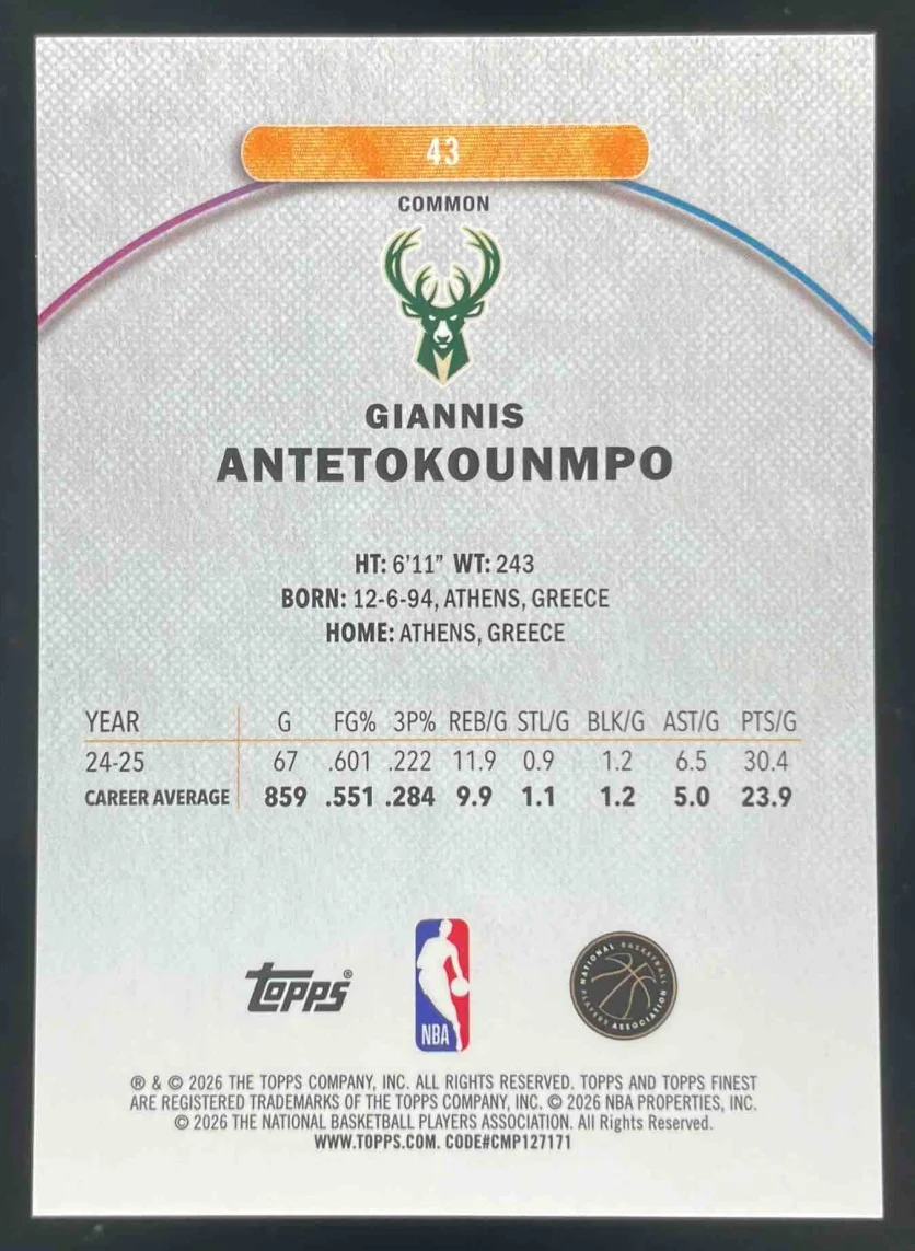 2025-26 Topps Finest Common Gold Refractor #43 Giannis Antetokounmpo /50 - Image 2