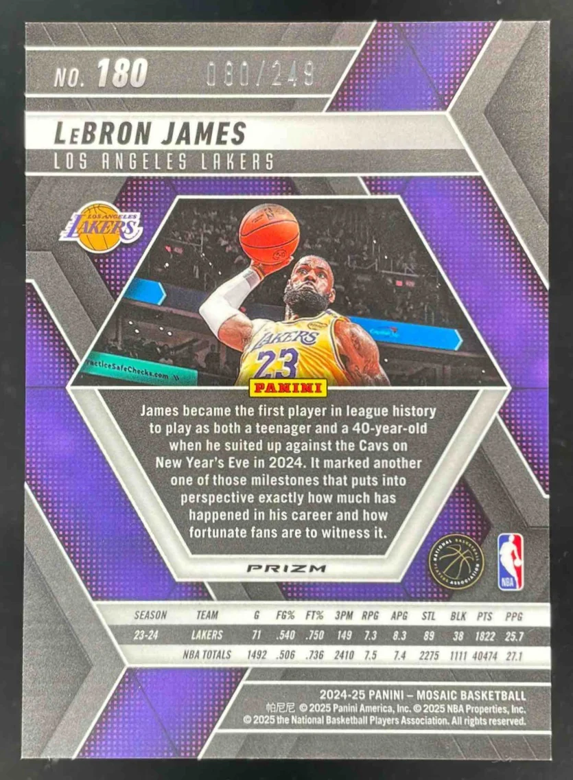 2024-25 Panini Mosaic Purple Fluorescent Mosaic #180 LeBron James /249 - Image 2