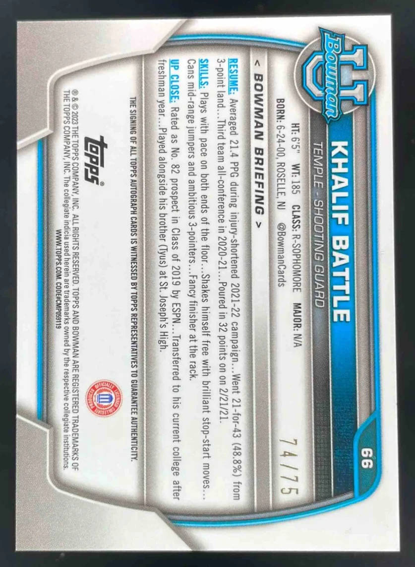 2022-23 Bowman Chrome University Chrome Yellow #66 Khalif Battle Auto /75 - Image 2
