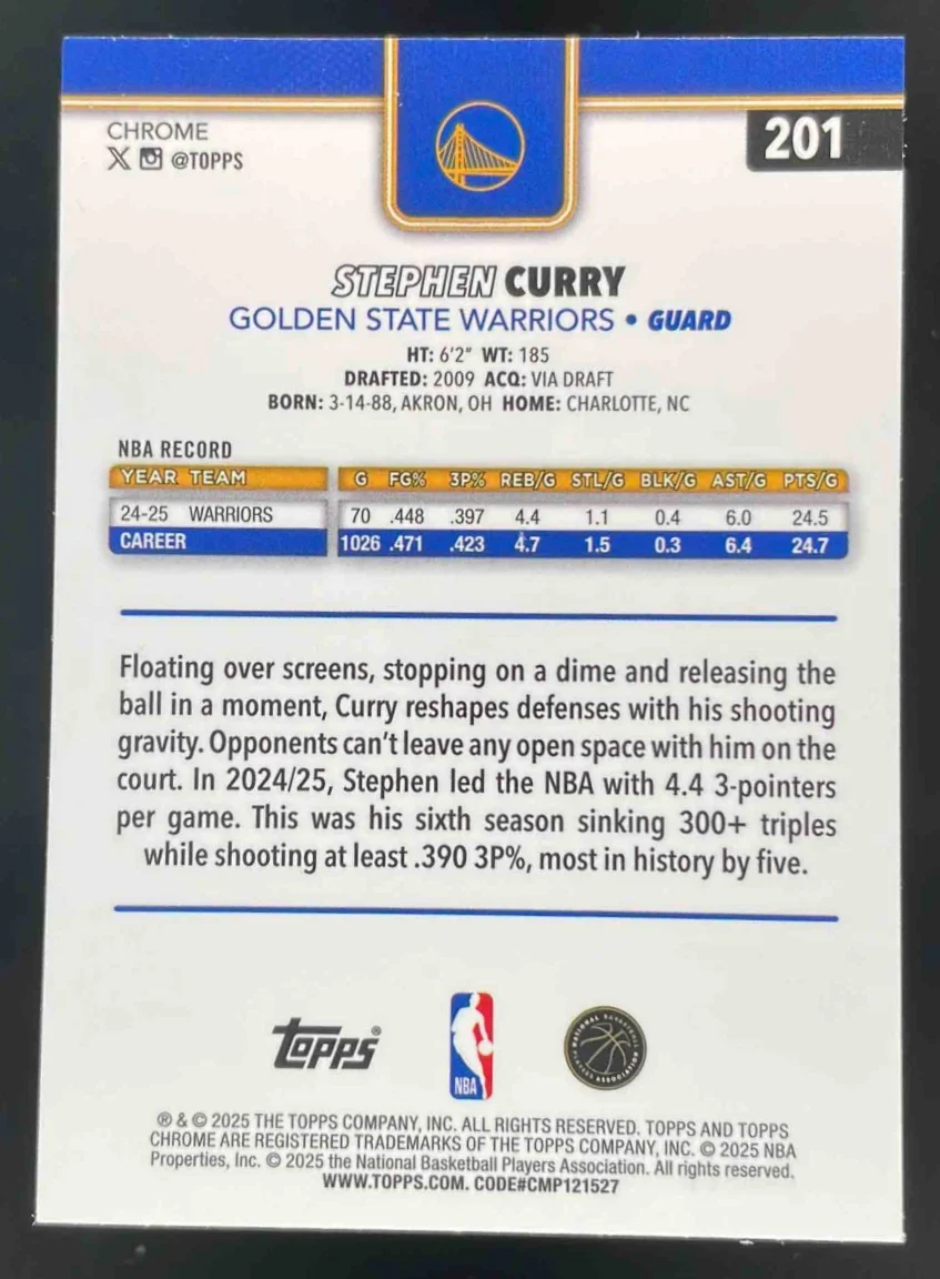2025-26 Topps Chrome X-Fractor #201 Stephen Curry - Image 2
