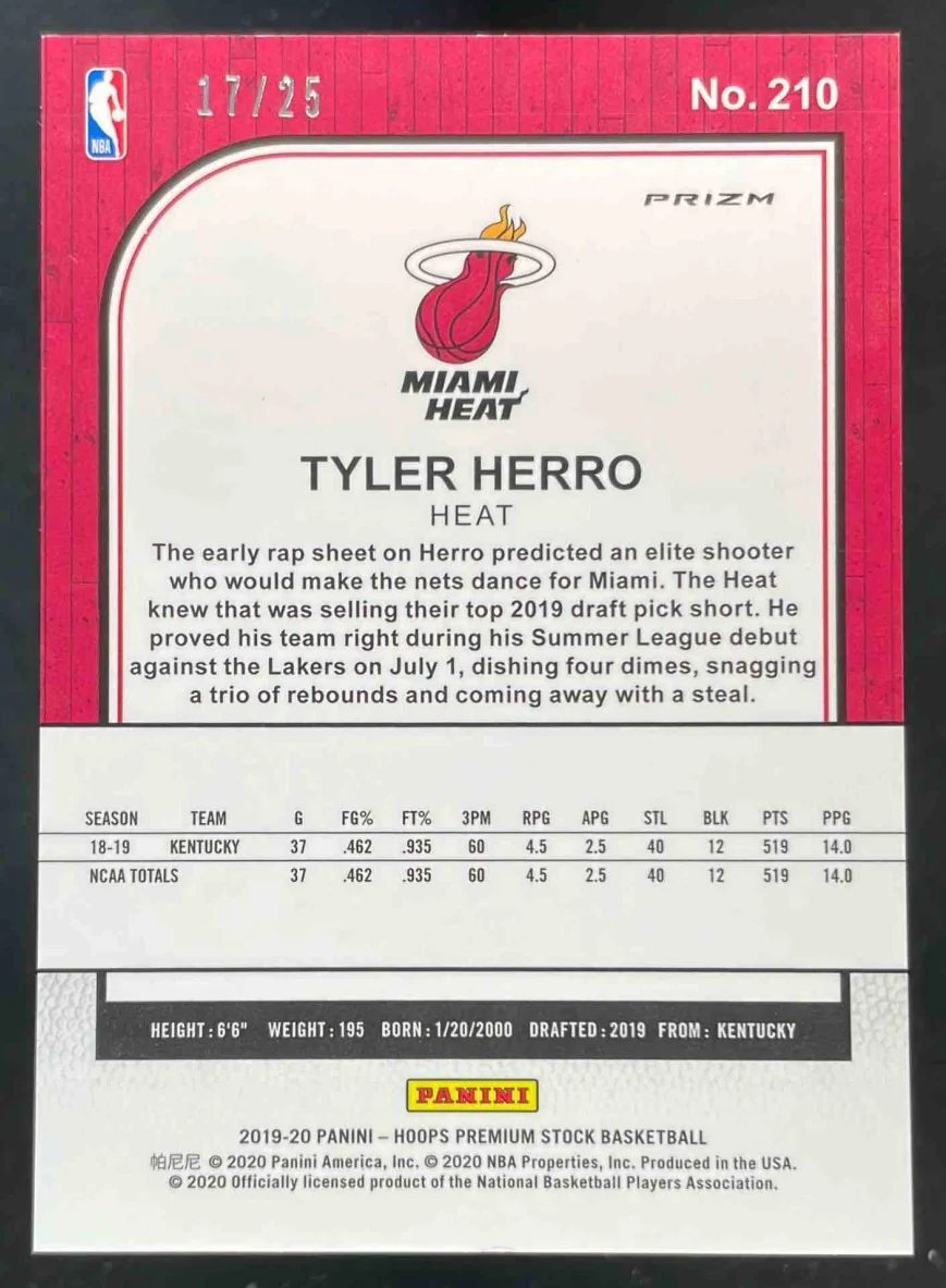 2019-20 Panini Hoops Premium Stock Prizms Pink Flash #210 Tyler Herro RC /25 - Image 2