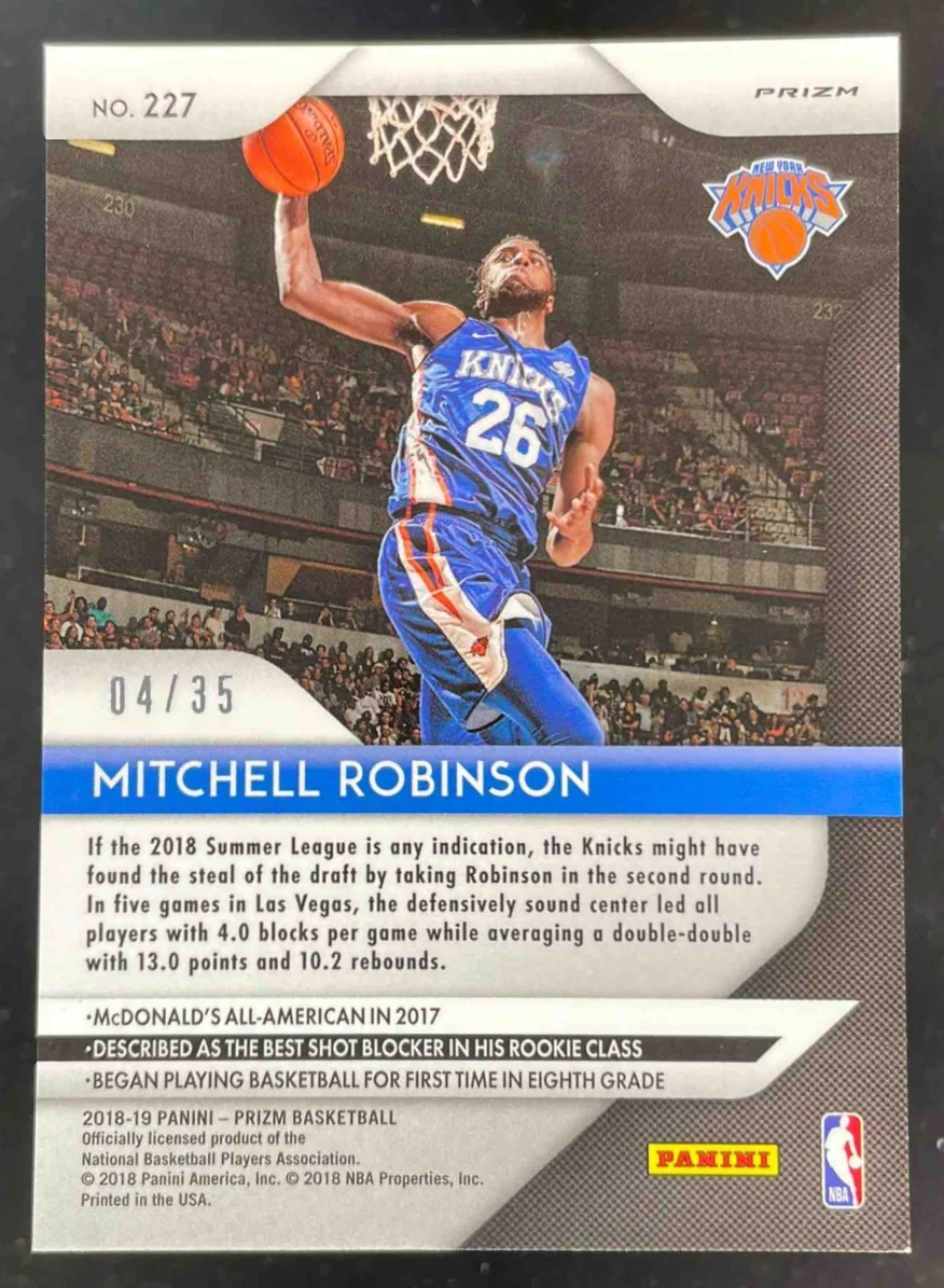 2018-19 Panini Prizm Prizms Purple Pulsar #227 Mitchell Robinson RC /35 - Image 2