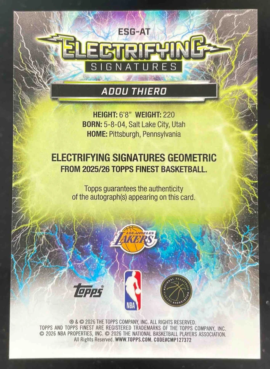 2025-26 Topps Finest Electrifying Gold Geometric #ESG-AT Adou Thiero RC Auto /50 - Image 2