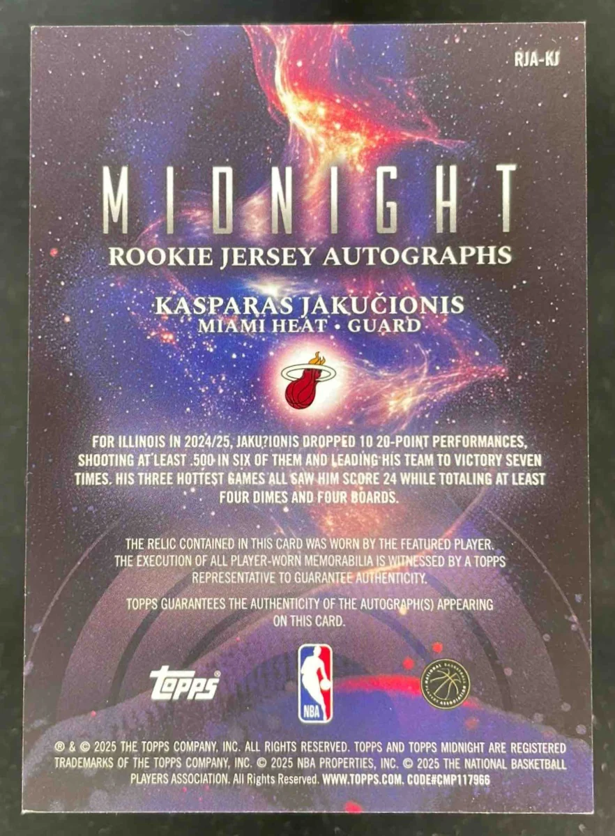 2025-26 Topps Midnight Rookie Jersey Twilight Kasparas Jakucionis RC Auto /199 - Image 2